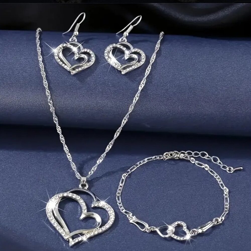 Silver Crystal Heart Necklace Earrings Bracelet Set